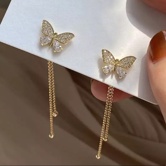 Butterfly cubic zirconia stud/dangle gold earrings - Picture 5 of 7